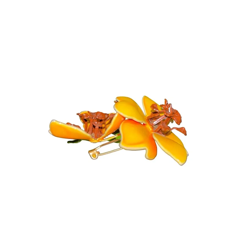 Vintage Enamel Floral Brooch Yellow Orange Flower Pin Retro Mid Century Jewelry